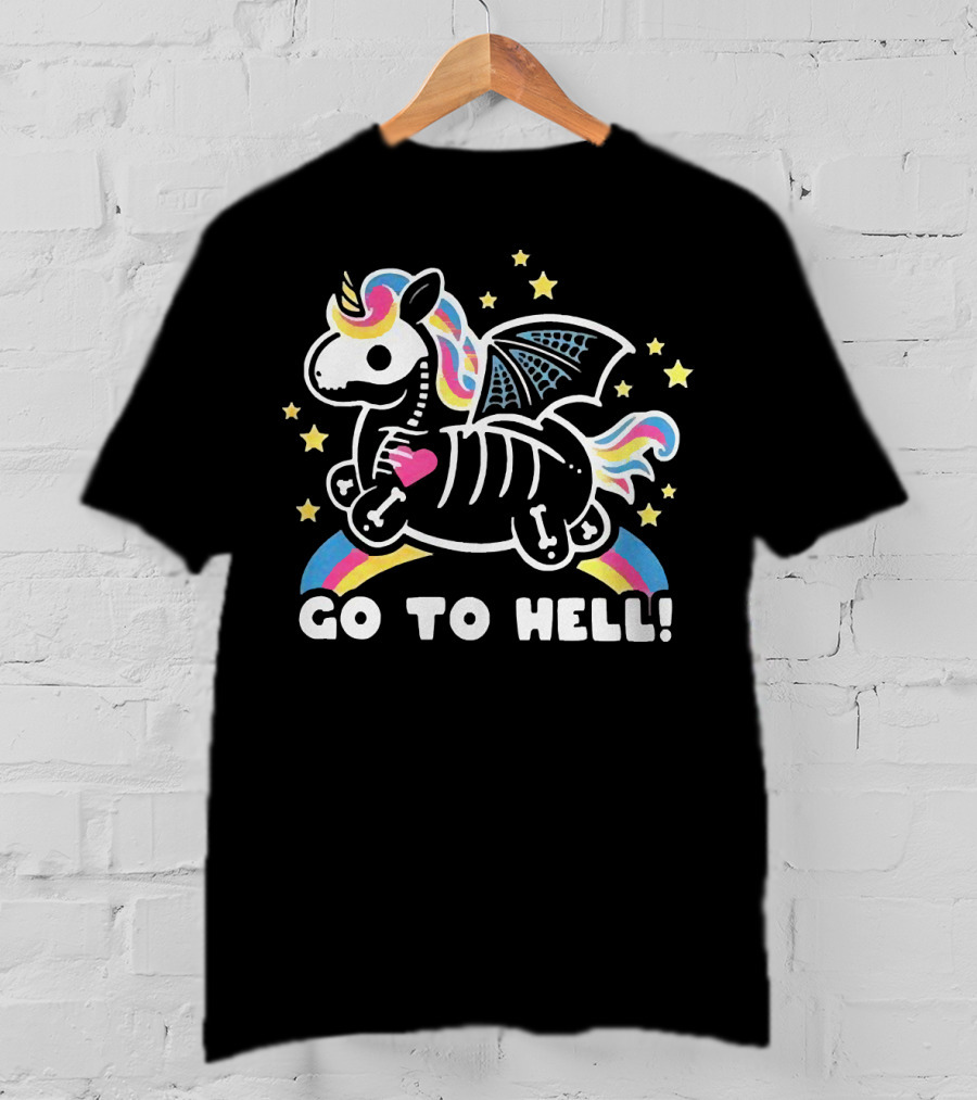 Unicorn Go To Hell Colorful Skeleton Bat Wings Rainbow Stars T-Shirt