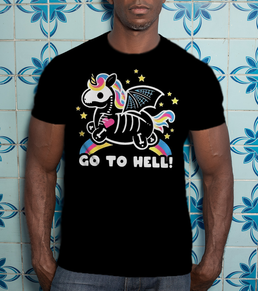 Unicorn Go To Hell Colorful Skeleton Bat Wings Rainbow Stars T-Shirt