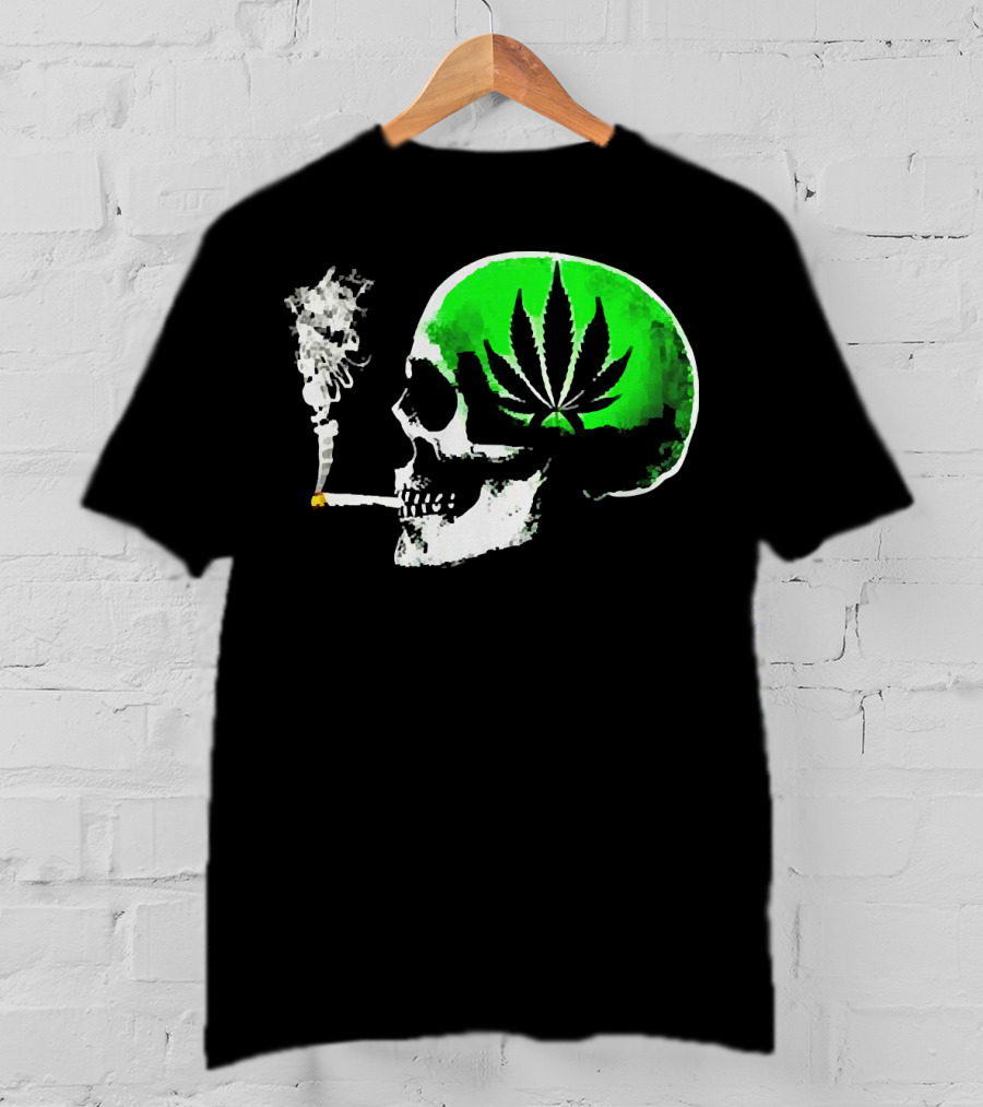 Weed Leaves Skull Smoking Joint Green Marijuana T-Shirt