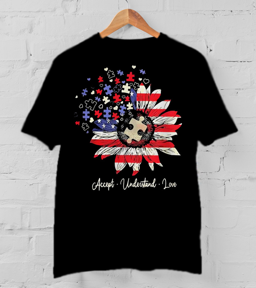 Accept Understand Love Autism Sunflower American Flag Puzzle Pieces T-Shirt