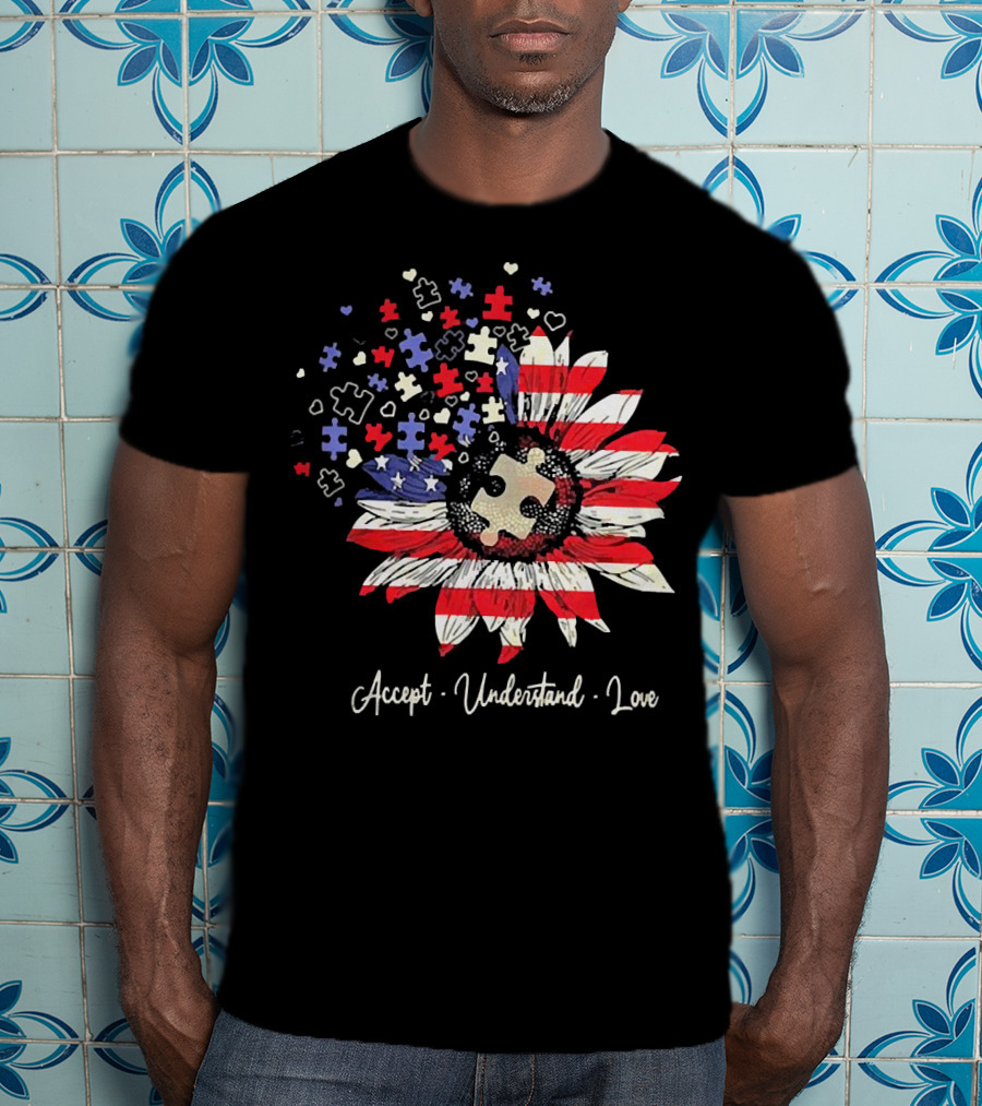 Accept Understand Love Autism Sunflower American Flag Puzzle Pieces T-Shirt