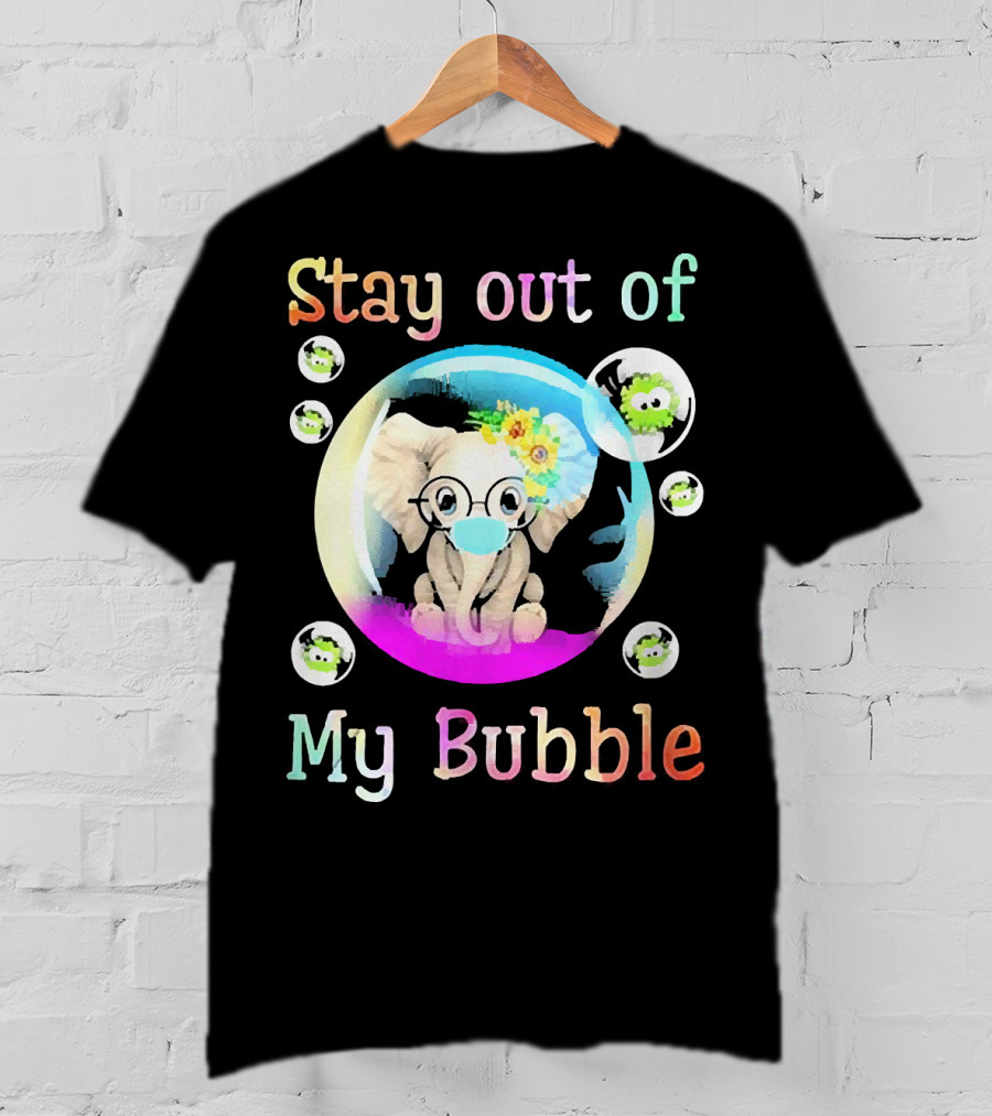 Stay Out Of My Bubble Elephant Cartoon With Face Mask And Virus Icons T-Shirt