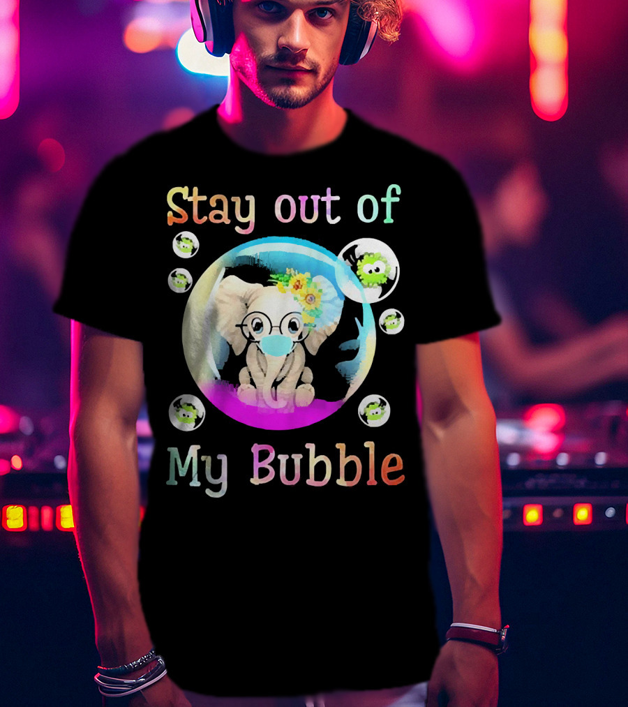 Stay Out Of My Bubble Elephant Cartoon With Face Mask And Virus Icons T-Shirt