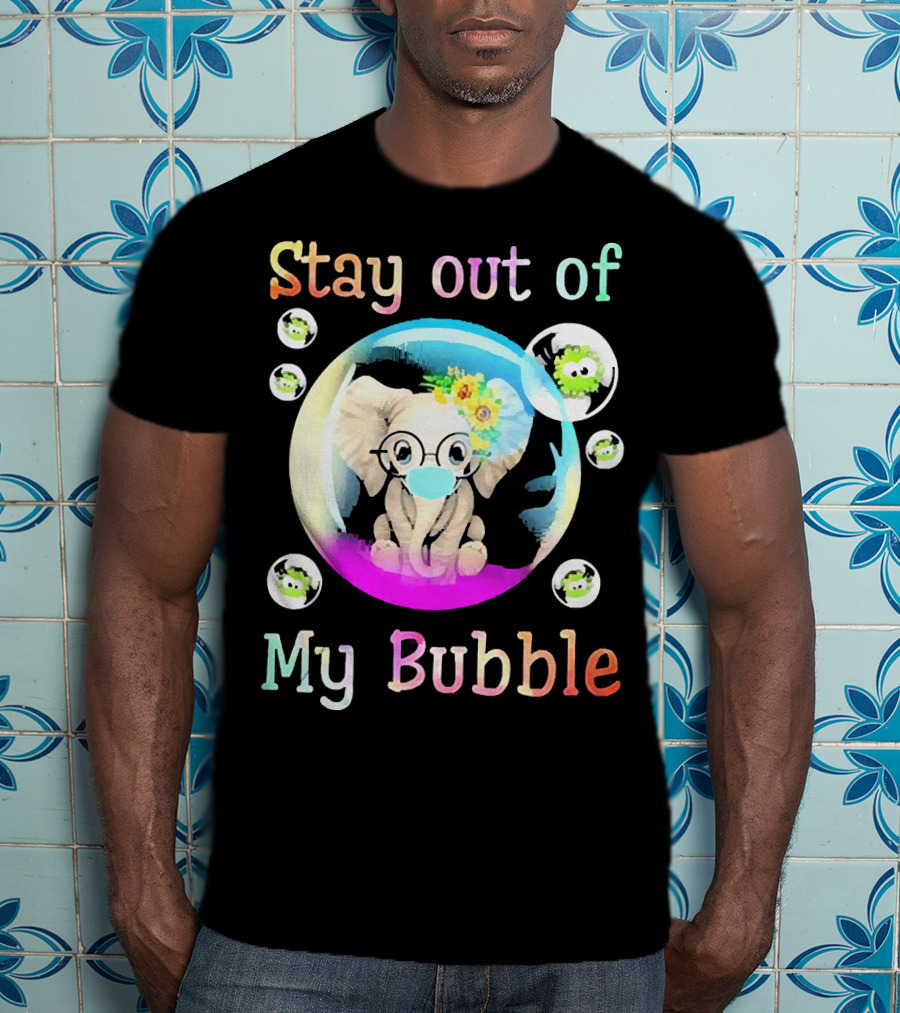 Stay Out Of My Bubble Elephant Cartoon With Face Mask And Virus Icons T-Shirt