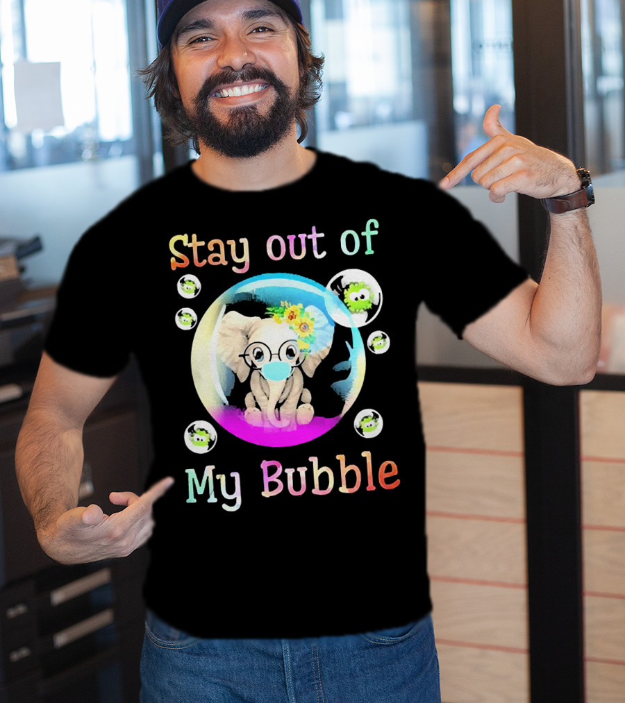 Stay Out Of My Bubble Elephant Cartoon With Face Mask And Virus Icons T-Shirt