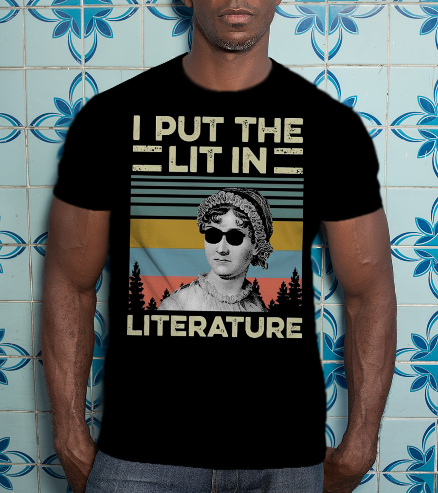 I Put The Lit In Literature Jane Austen Vintage Sunglasses Retro Forest Stripes T-Shirt