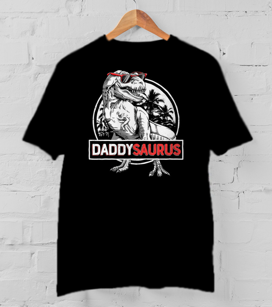 Daddysaurus Rex Daddy Saurus Dinosaur With Sunglasses And Palm Trees T-Shirt