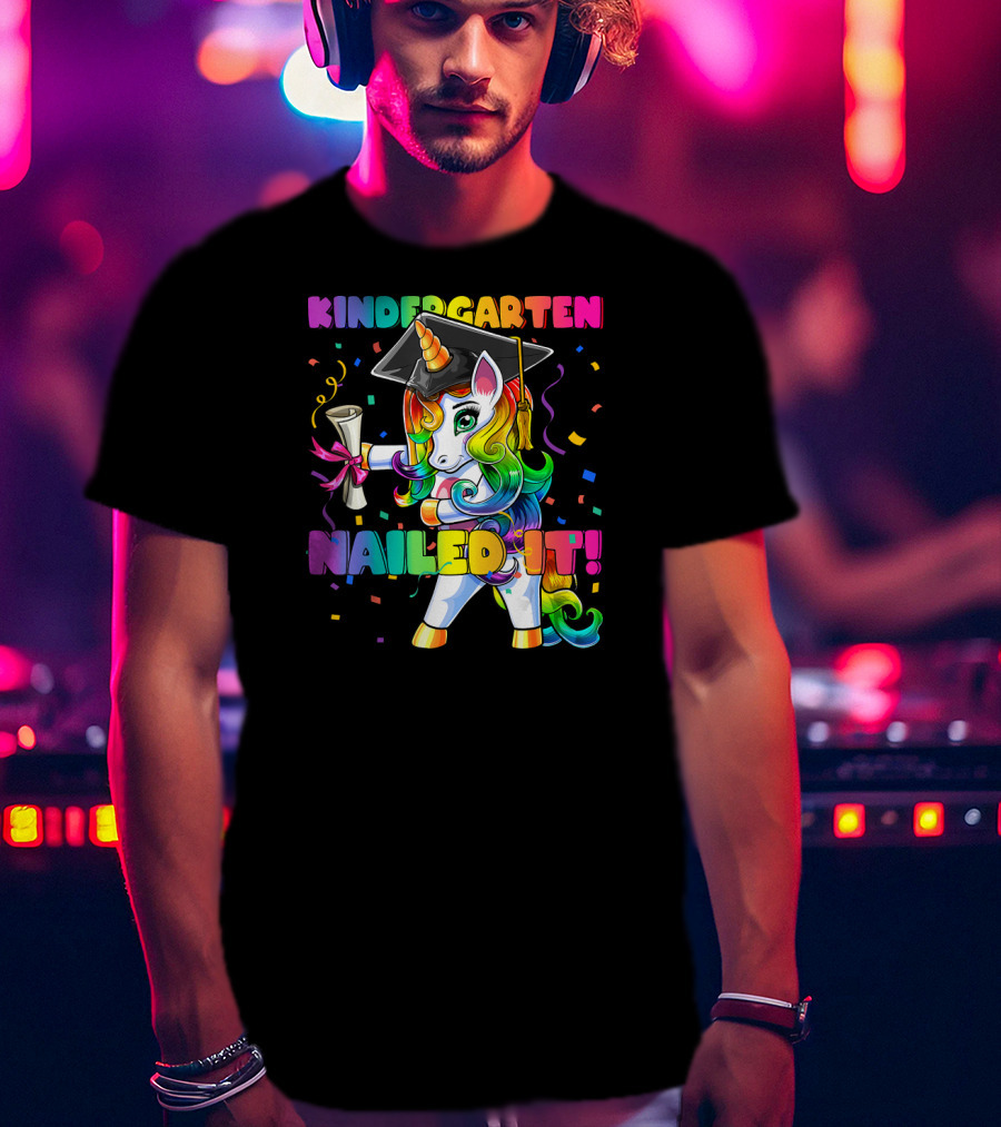 Kindergarten Nailed It Flossing Unicorn Graduation Cap T-Shirt