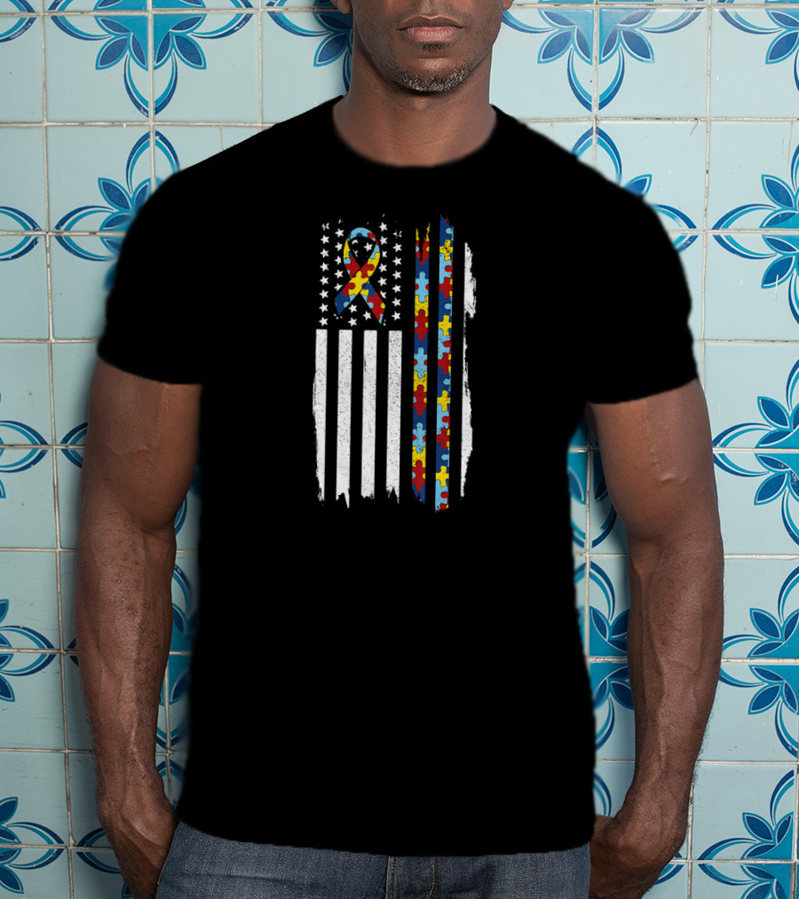 Autism Awareness Month Autistic Pride Ribbon American Flag Puzzle Pieces T-Shirt