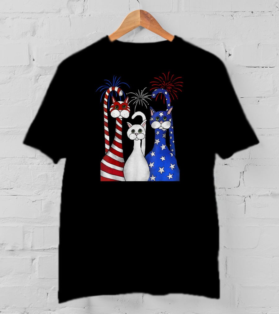 Patriotic Cats American Flag Paws USA Fireworks T-Shirt