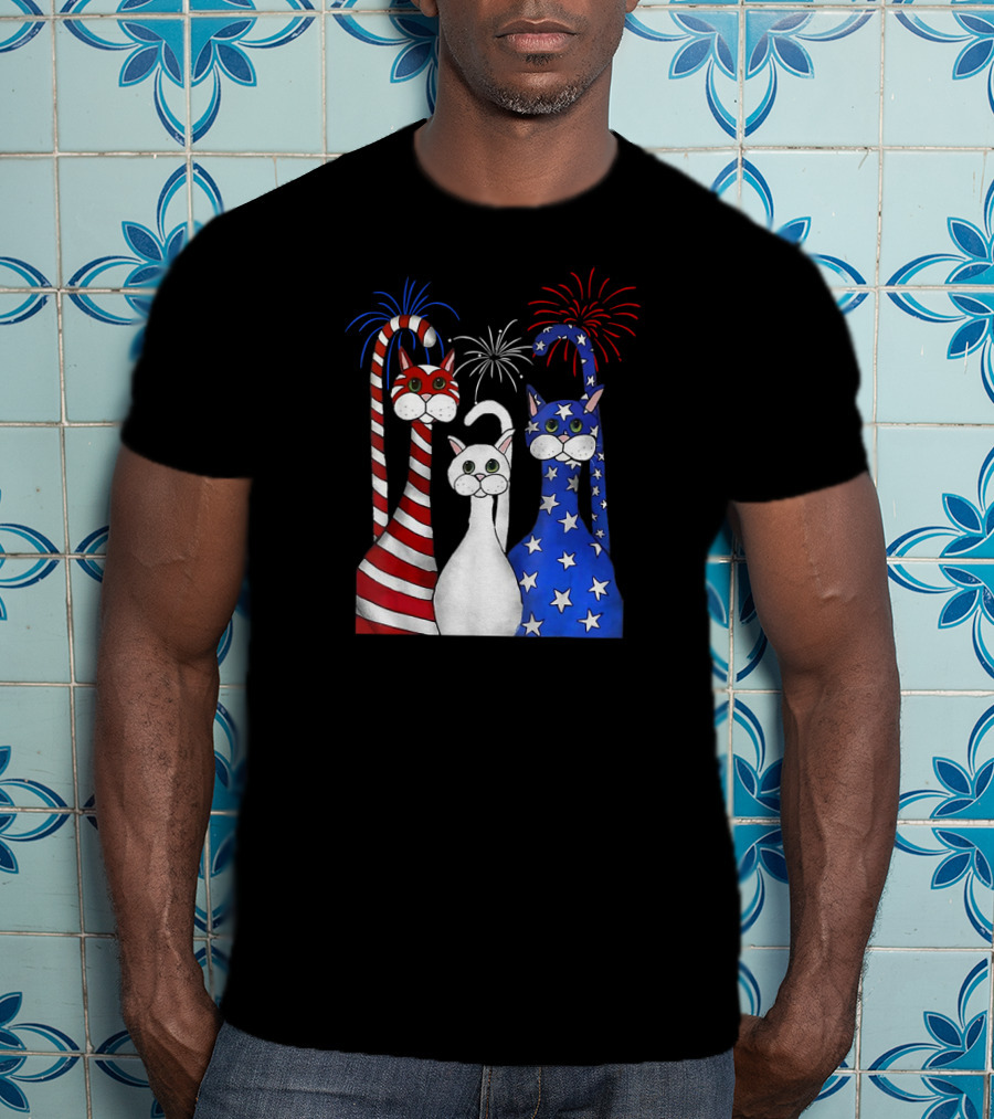 Patriotic Cats American Flag Paws USA Fireworks T-Shirt