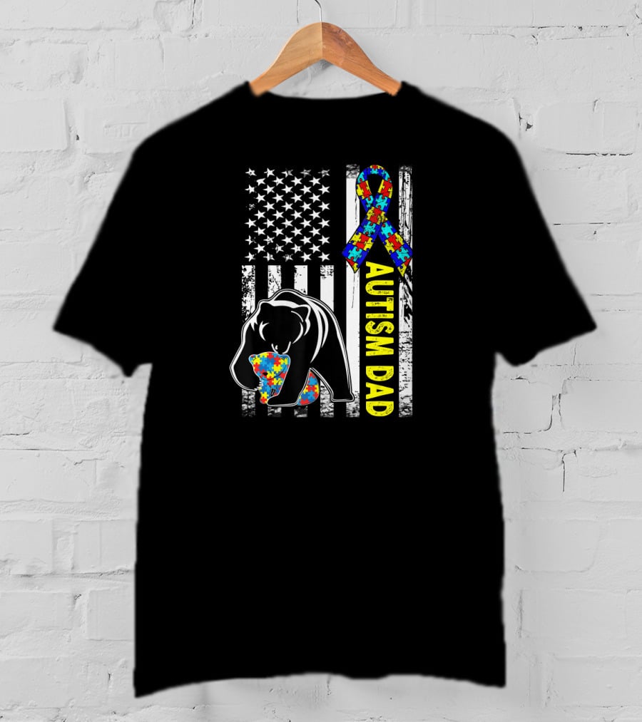 Autism Dad American Flag Bear Puzzle Ribbon Awareness T-Shirt
