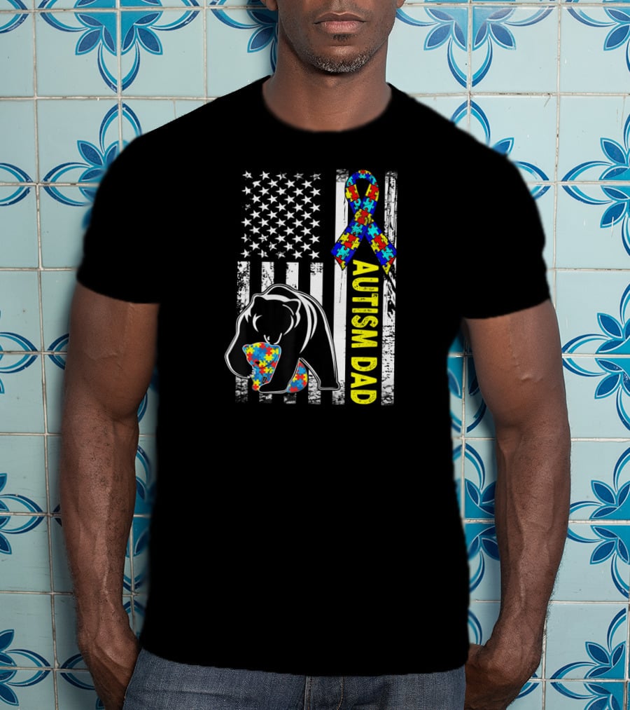 Autism Dad American Flag Bear Puzzle Ribbon Awareness T-Shirt