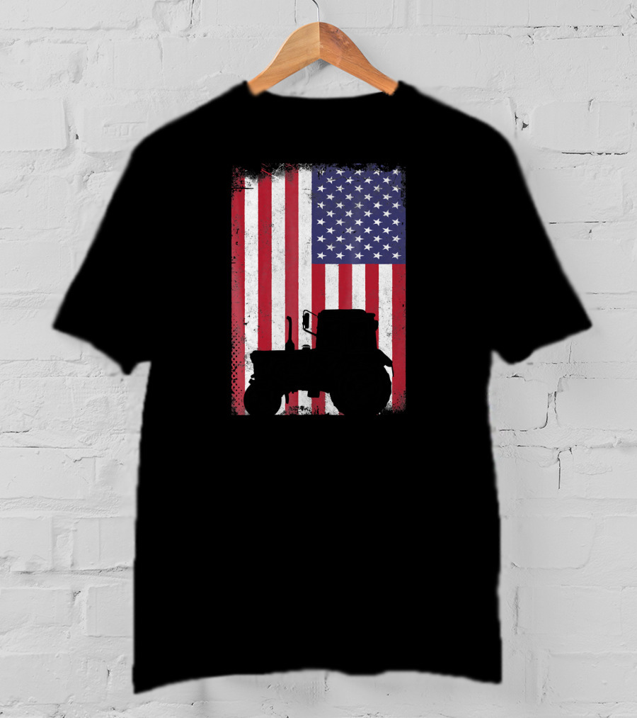 Patriotic American Flag With Vintage Tractor Farming T-Shirt