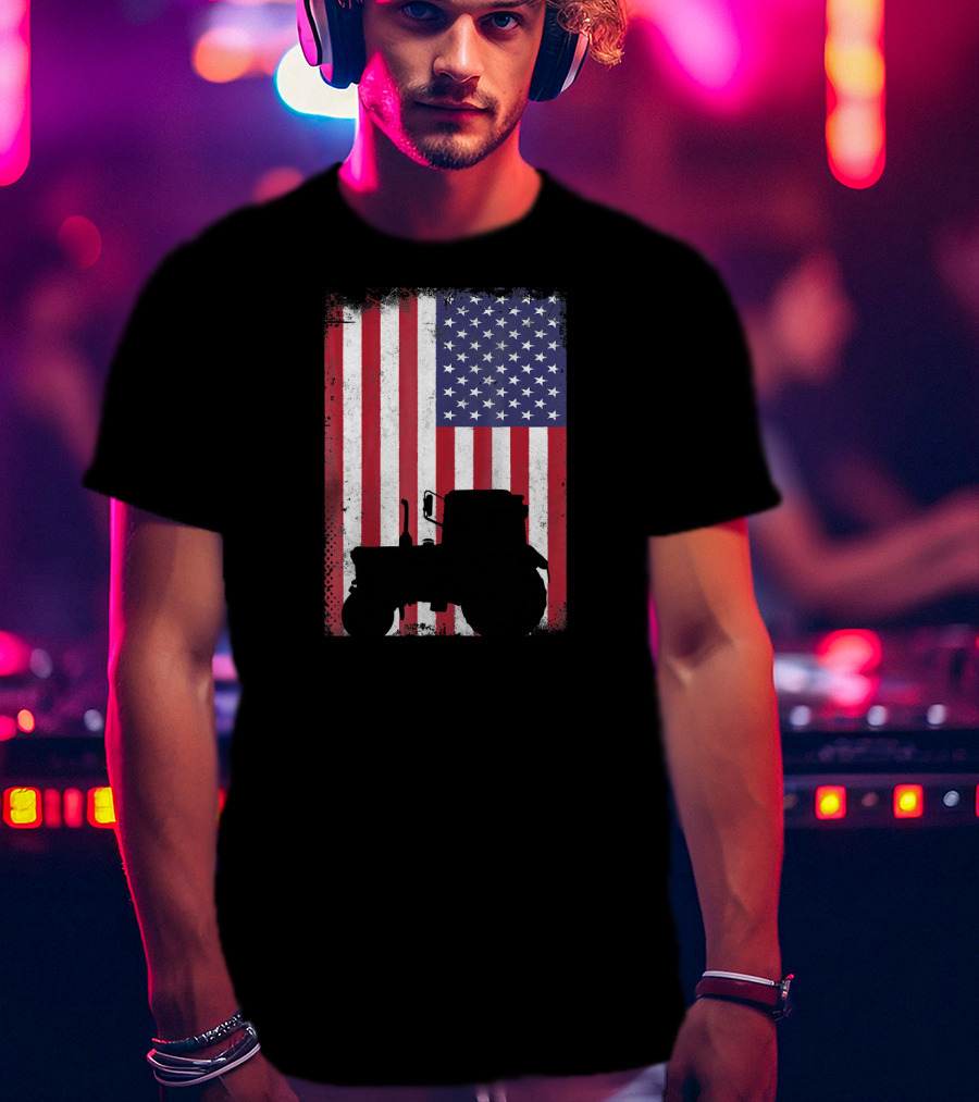 Patriotic American Flag With Vintage Tractor Farming T-Shirt