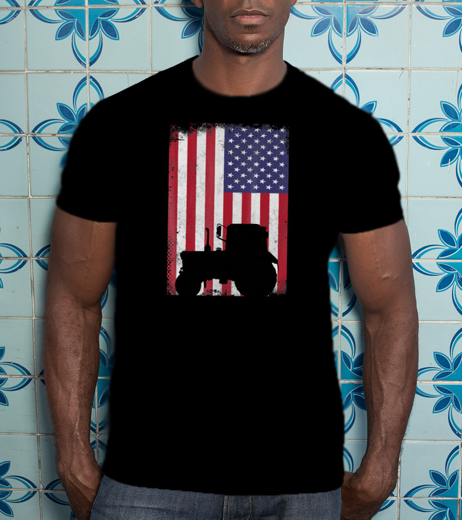 Patriotic American Flag With Vintage Tractor Farming T-Shirt