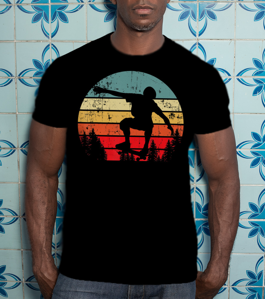Trick Move Retro Vintage Skateboarder Silhouette Forest Sunset T-Shirt