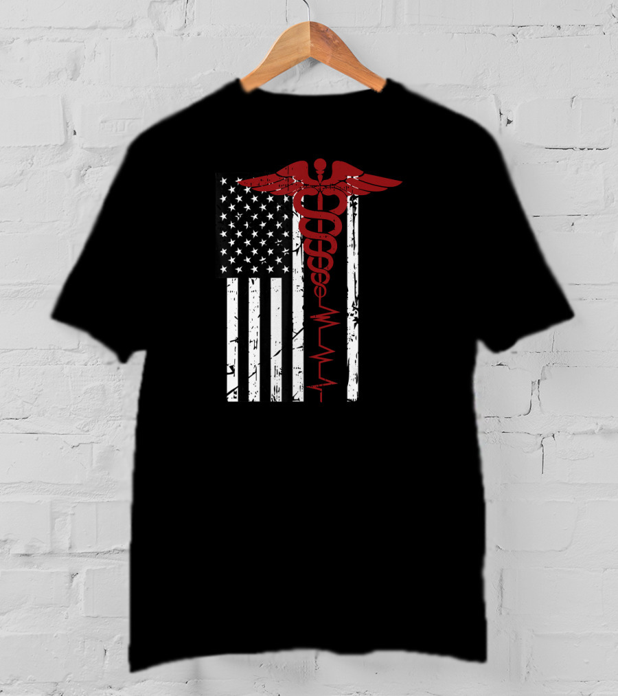 USA Flag Caduceus Medical Symbol Black Patriotic Nurse T-Shirt