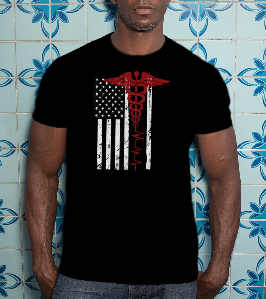 USA Flag Caduceus Medical Symbol Black Patriotic Nurse T-Shirt