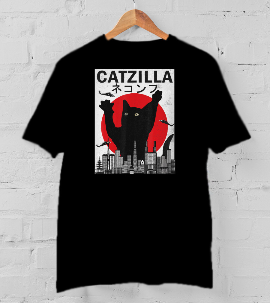 Catzilla Japanese Sunset Style Cat With Helicopter And Skyline Elements T-Shirt