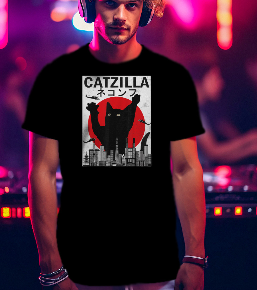 Catzilla Japanese Sunset Style Cat With Helicopter And Skyline Elements T-Shirt