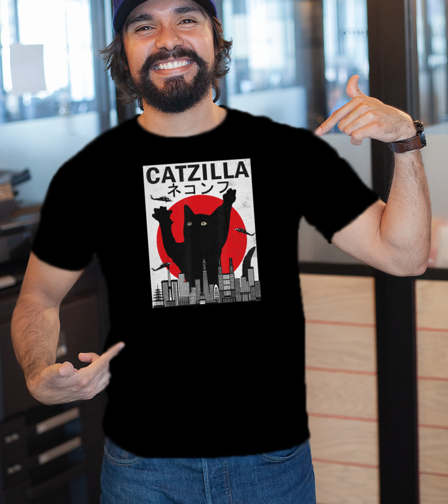 Catzilla Japanese Sunset Style Cat With Helicopter And Skyline Elements T-Shirt