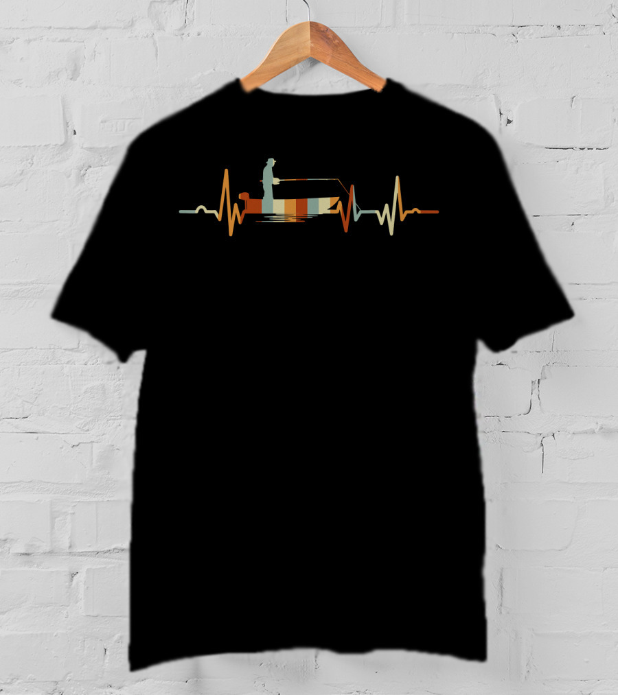 Vintage Fishing Heartbeat Boat And Fisherman Retro T-Shirt