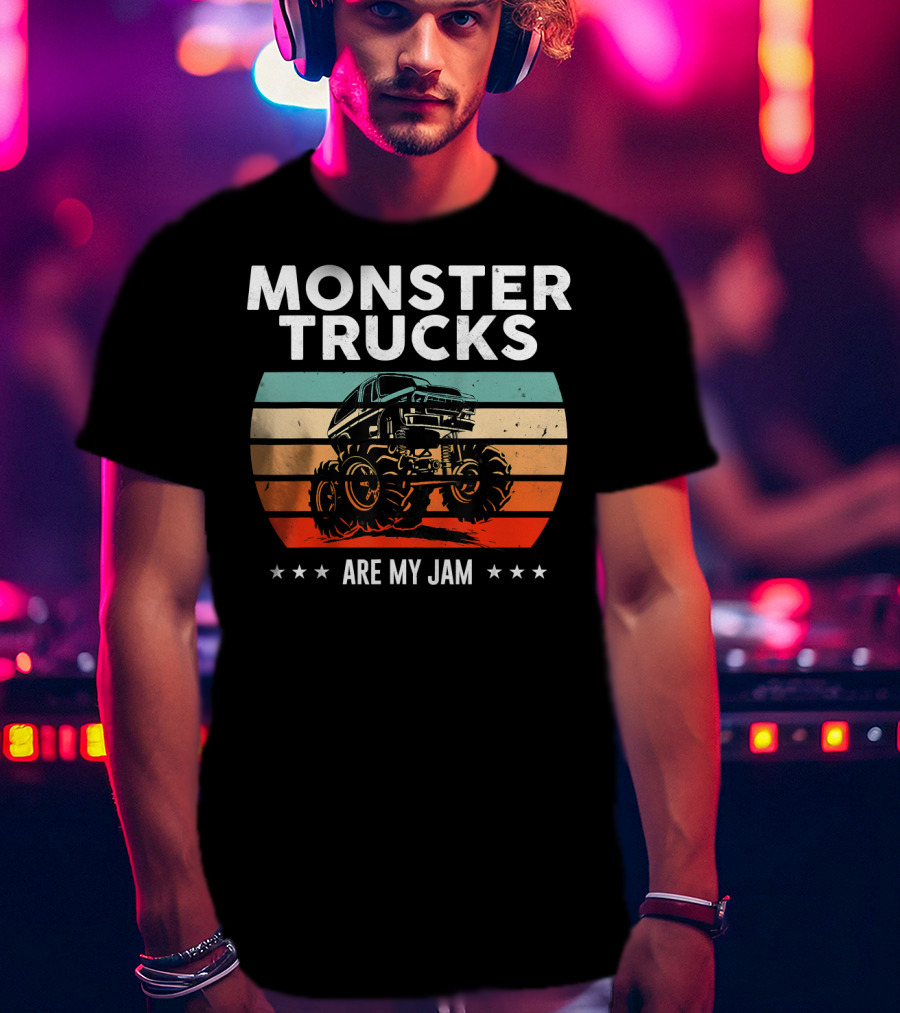 Monster Trucks Are My Jam Retro Sunset Vintage Cool Engines T-Shirt