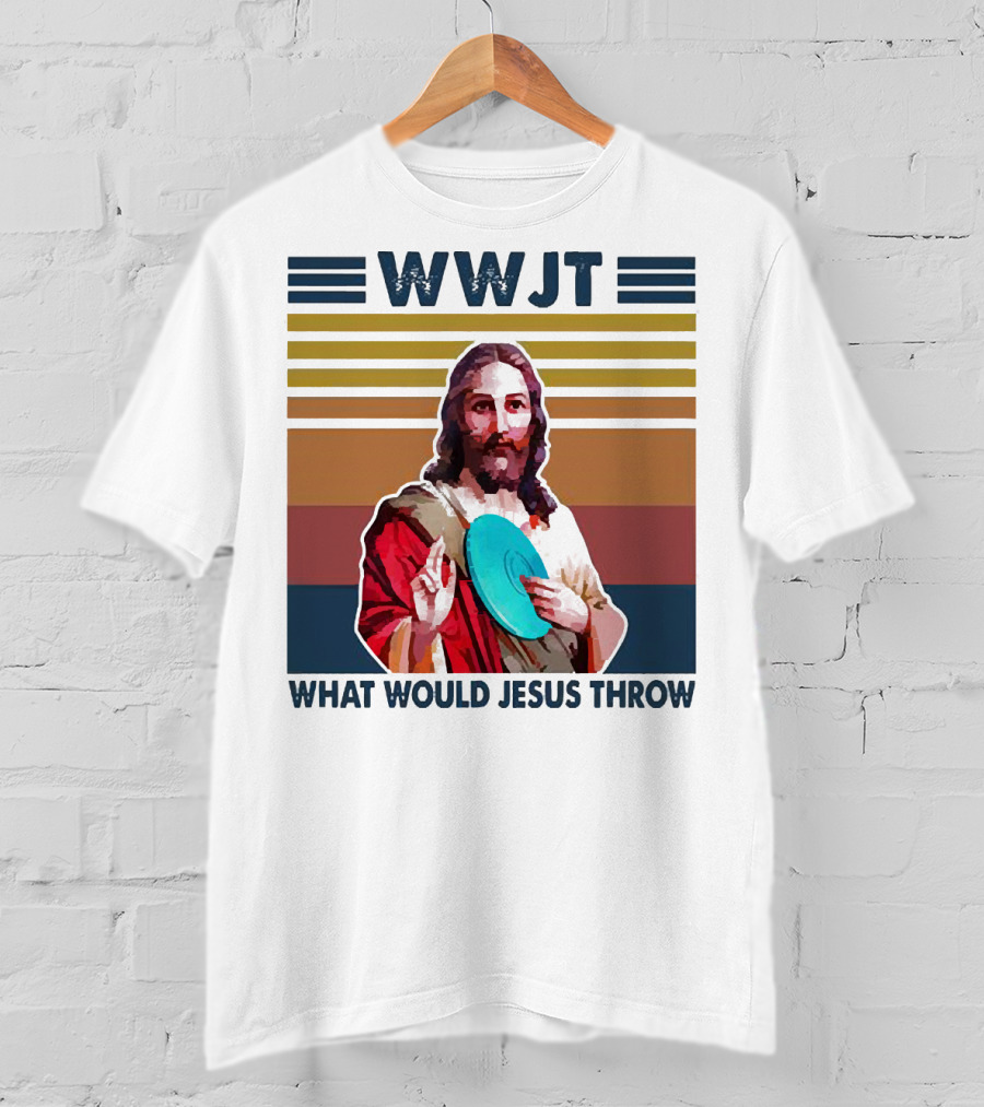 WWJT What Would Jesus Throw Disc Golf Frisbee Retro Stripes T-Shirt