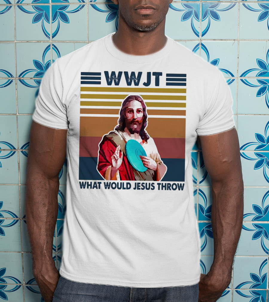 WWJT What Would Jesus Throw Disc Golf Frisbee Retro Stripes T-Shirt