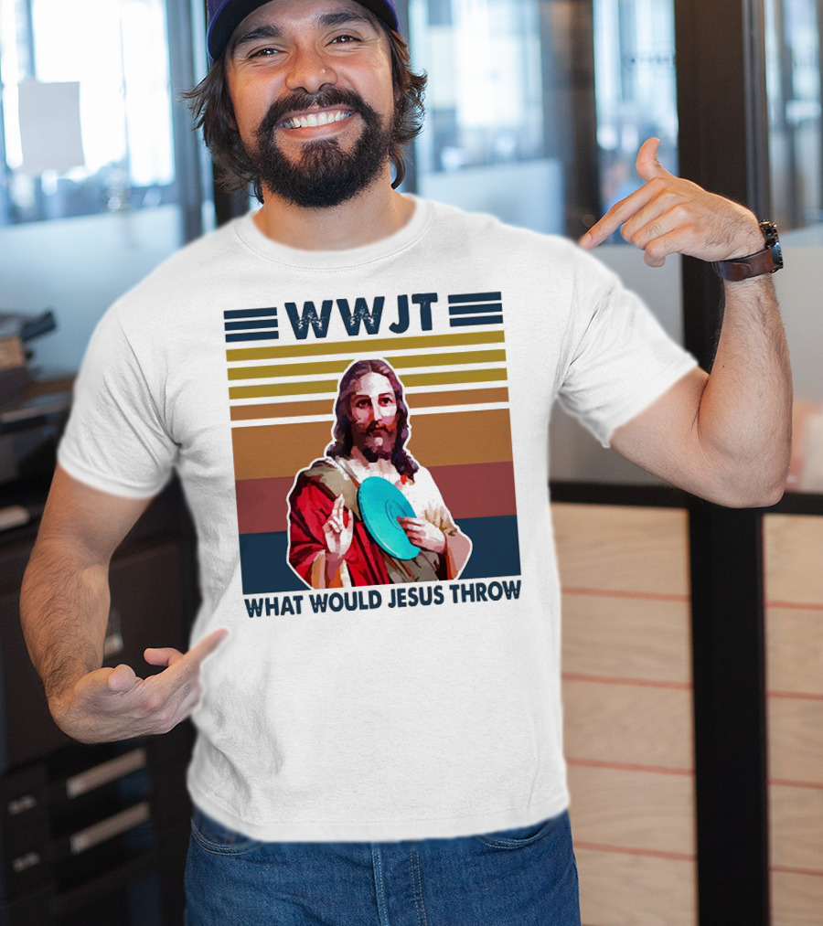 WWJT What Would Jesus Throw Disc Golf Frisbee Retro Stripes T-Shirt
