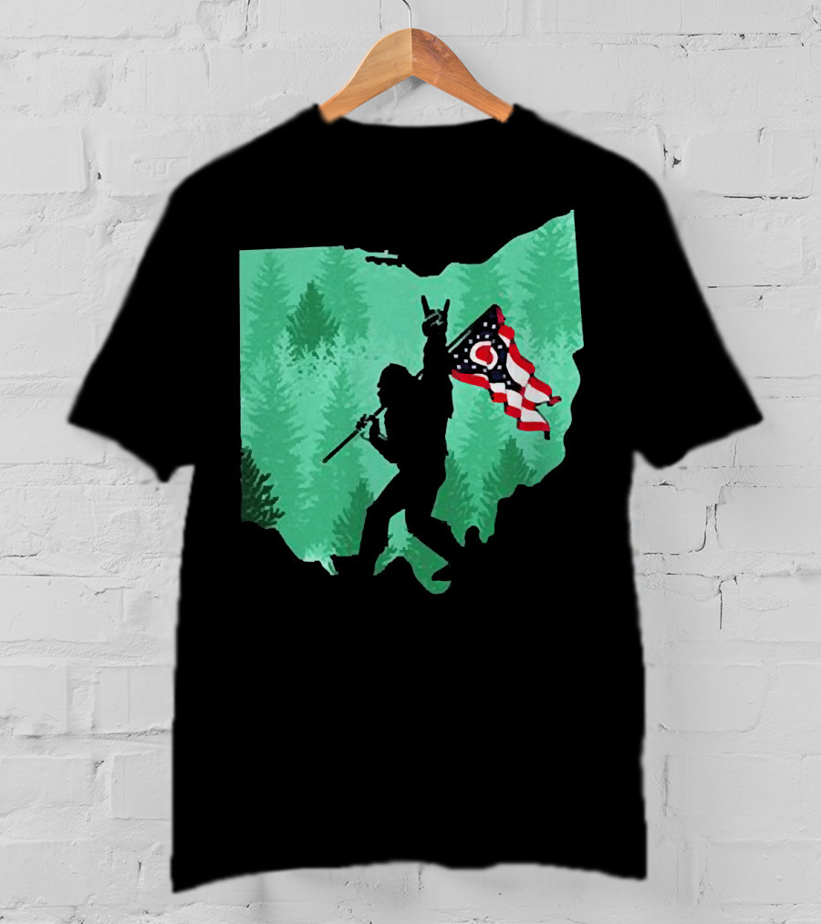 Bigfoot Rock And Roll Ohio State Silhouette With Flag Forest Background T-Shirt