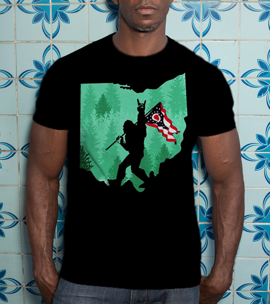 Bigfoot Rock And Roll Ohio State Silhouette With Flag Forest Background T-Shirt