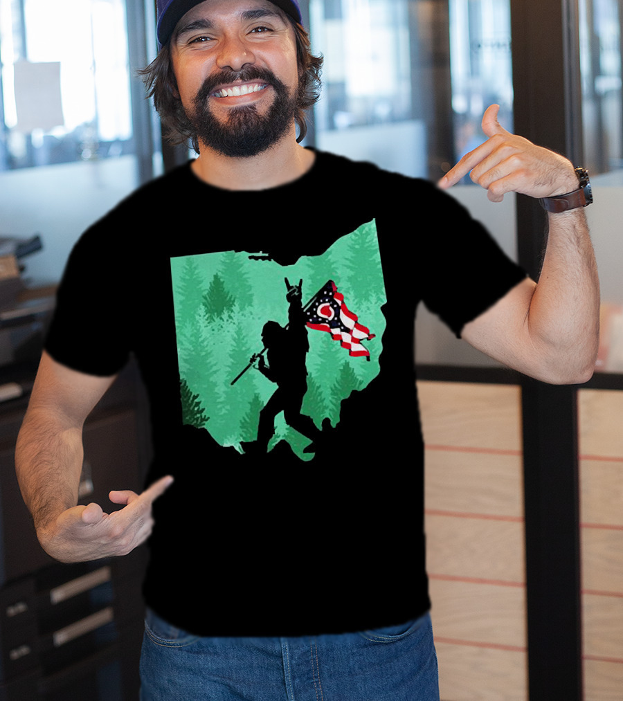 Bigfoot Rock And Roll Ohio State Silhouette With Flag Forest Background T-Shirt