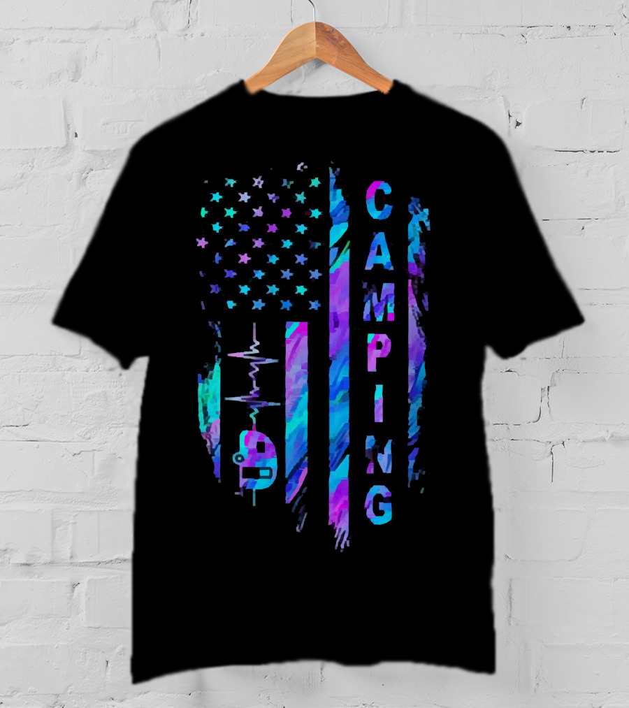 Camping American Flag Heartbeat Camper T-Shirt