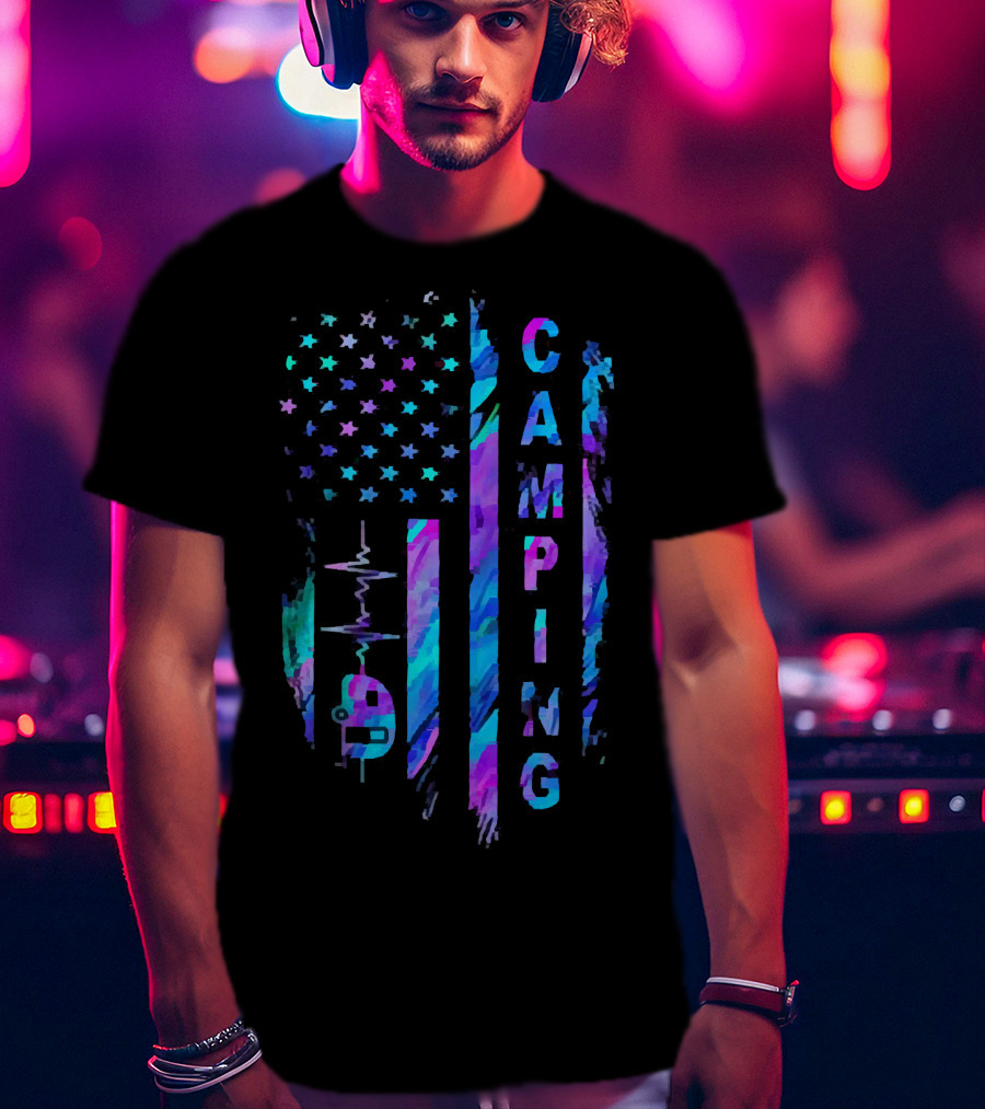 Camping American Flag Heartbeat Camper T-Shirt