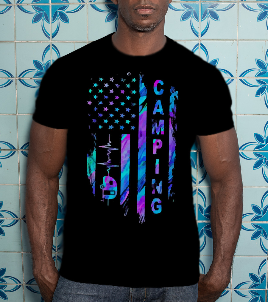 Camping American Flag Heartbeat Camper T-Shirt