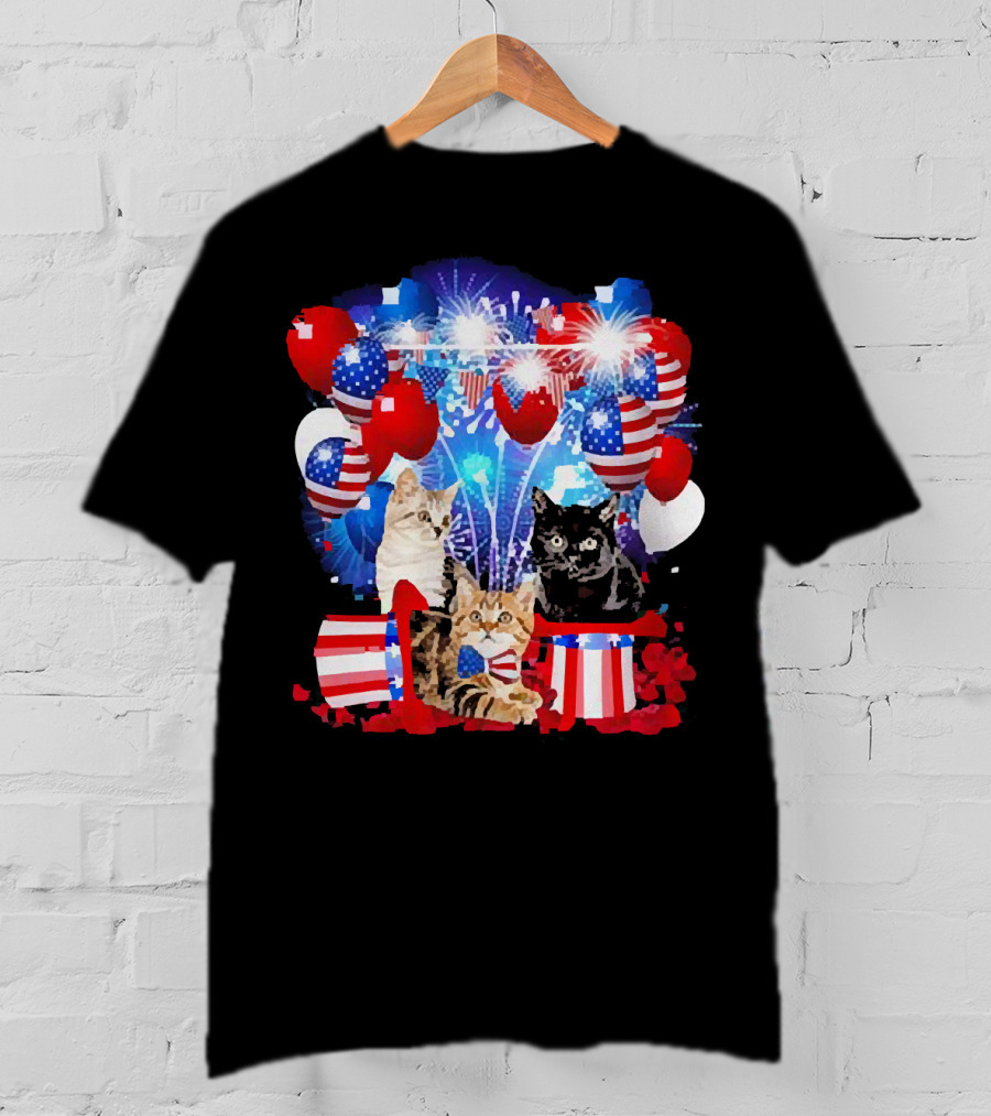 Cats Fireworks Balloons America Flag Happy Independence Day T-Shirt