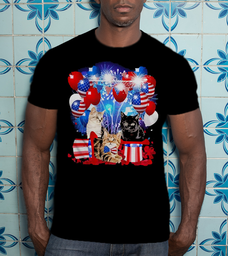 Cats Fireworks Balloons America Flag Happy Independence Day T-Shirt