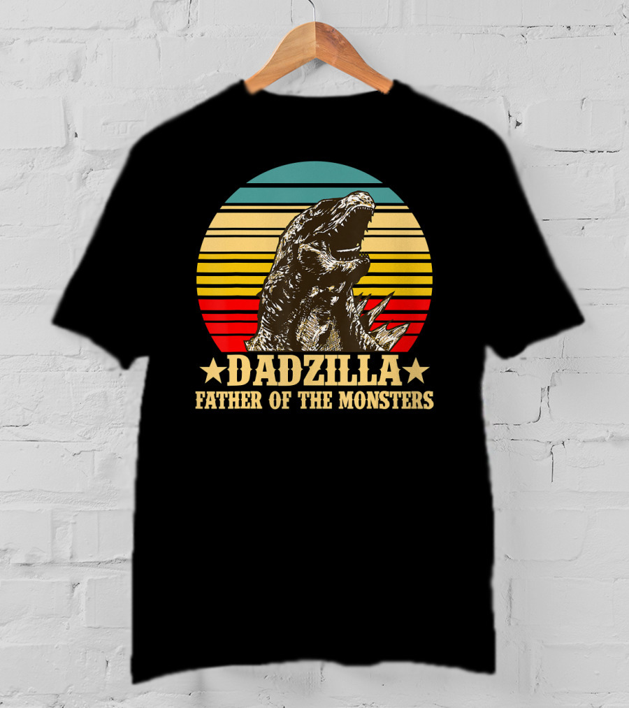 Dadzilla Father Of The Monsters Dinosaur Retro Sunset Stripe T-Shirt