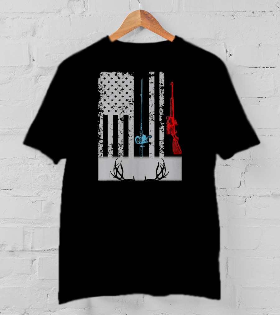 American Flag Fishing Rod Rifle Antlers T-Shirt