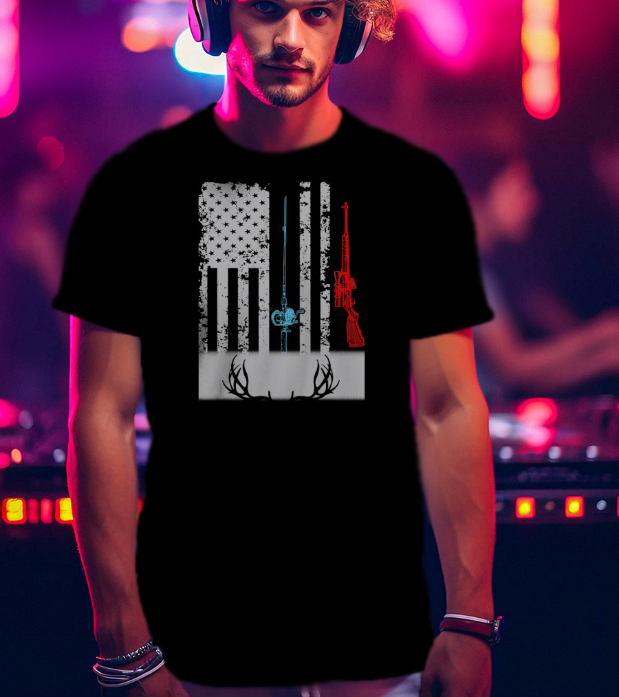 American Flag Fishing Rod Rifle Antlers T-Shirt