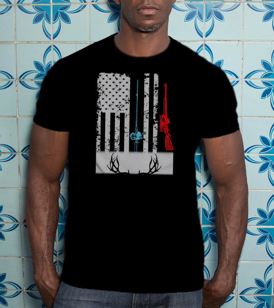 American Flag Fishing Rod Rifle Antlers T-Shirt