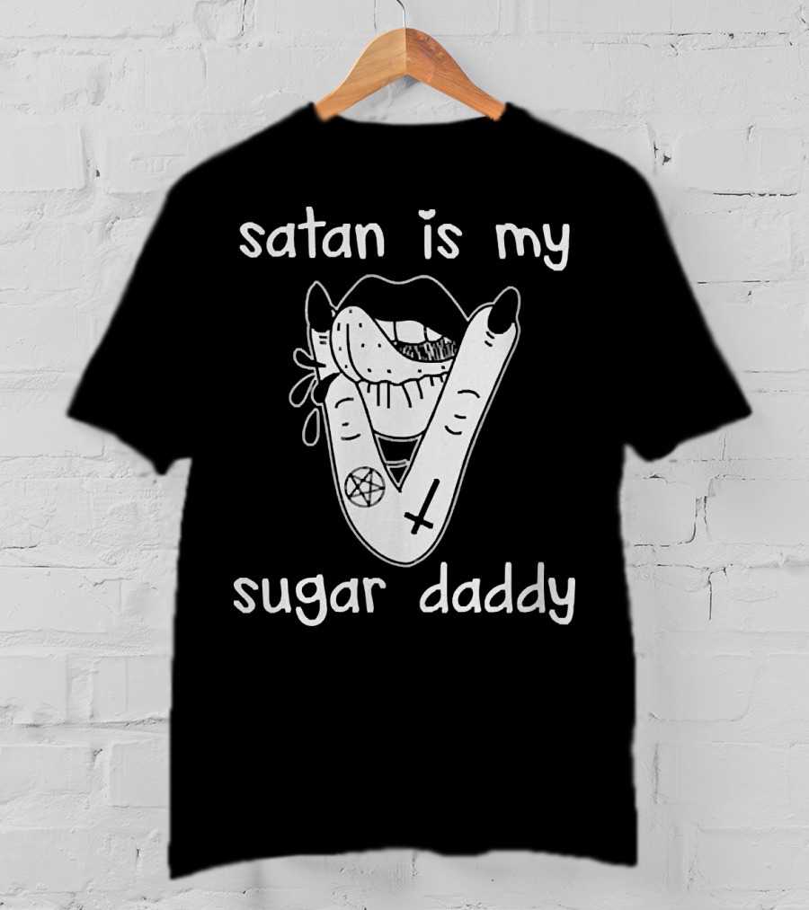Satan Is My Sugar Daddy Lips With Tongue And Hand Pentagram Cross Symbols T-Shirt