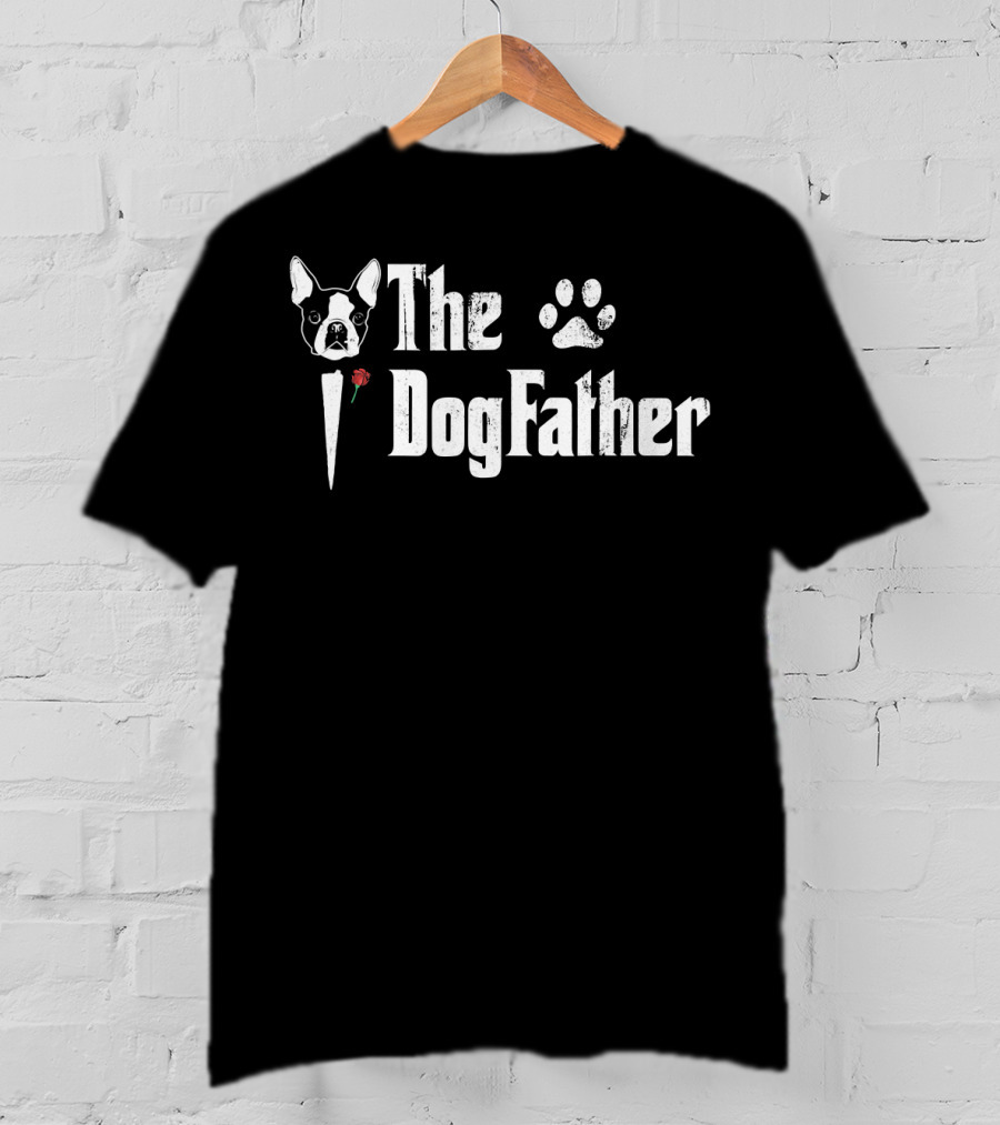 The Dogfather Boston Terrier Dad With Paw Print Icon And Rose T-Shirt