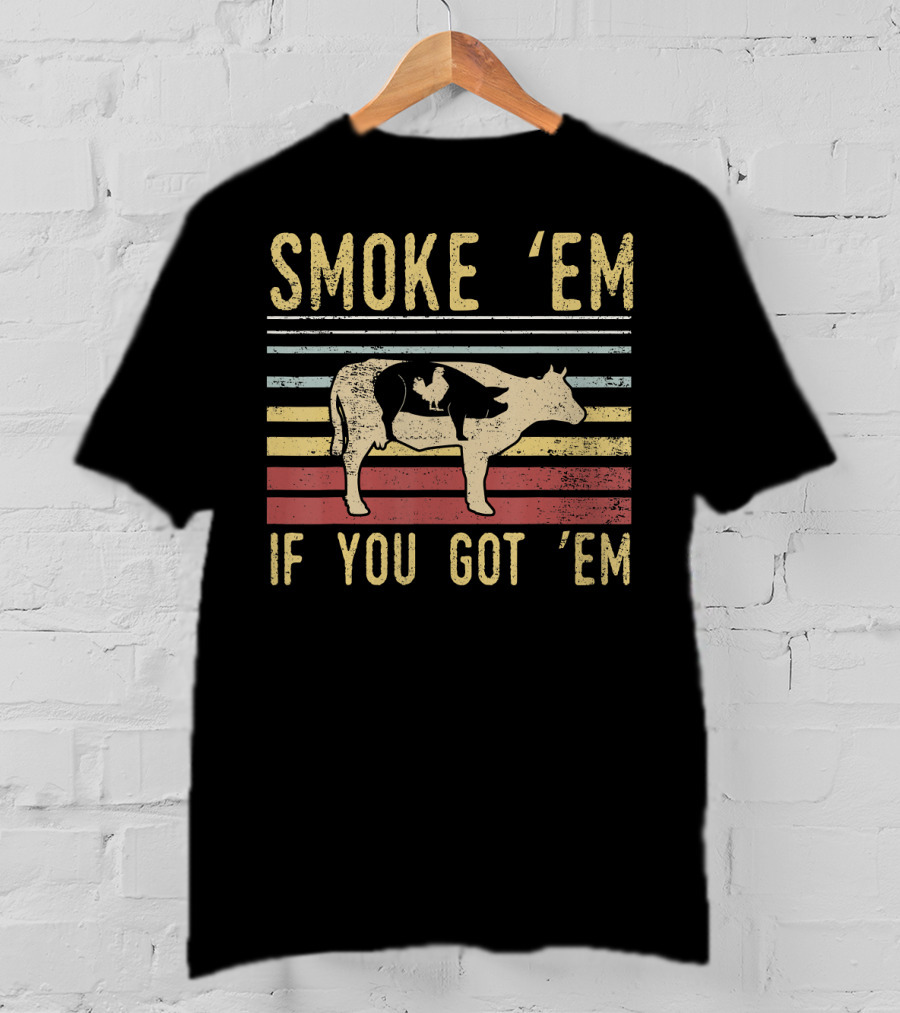 Retro BBQ Smoke 'Em If You Got 'Em Grilling Cow And Pig Silhouette Vintage Stripes T-Shirt