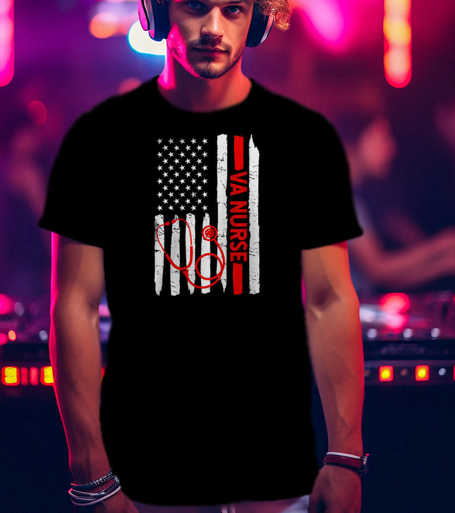 American Flag VA Nurse Stethoscope Black History Month T-Shirt