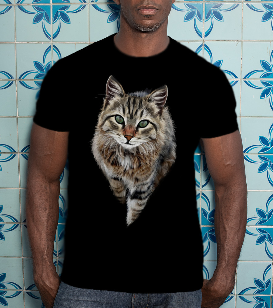 Brown Cat Green Eyes Cats Feline Realistic T-Shirt