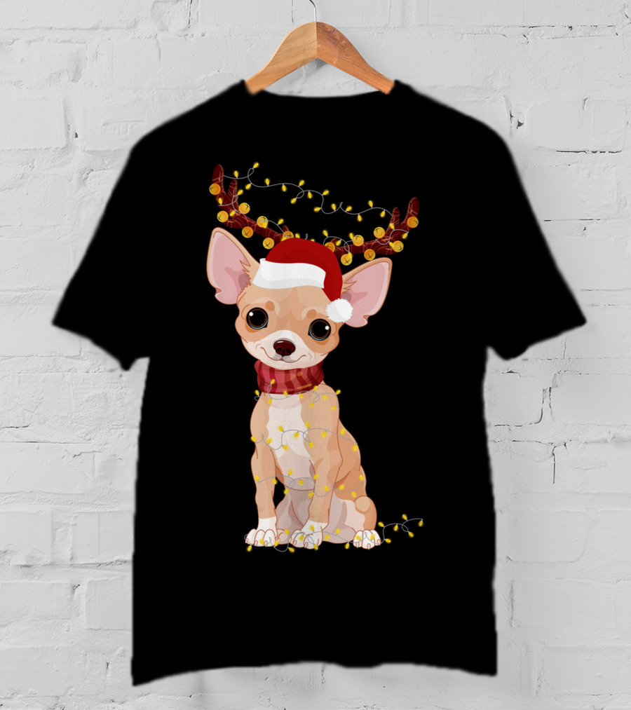 Chihuahua With Santa Hat Reindeer Antlers Christmas Lights Noel T-Shirt