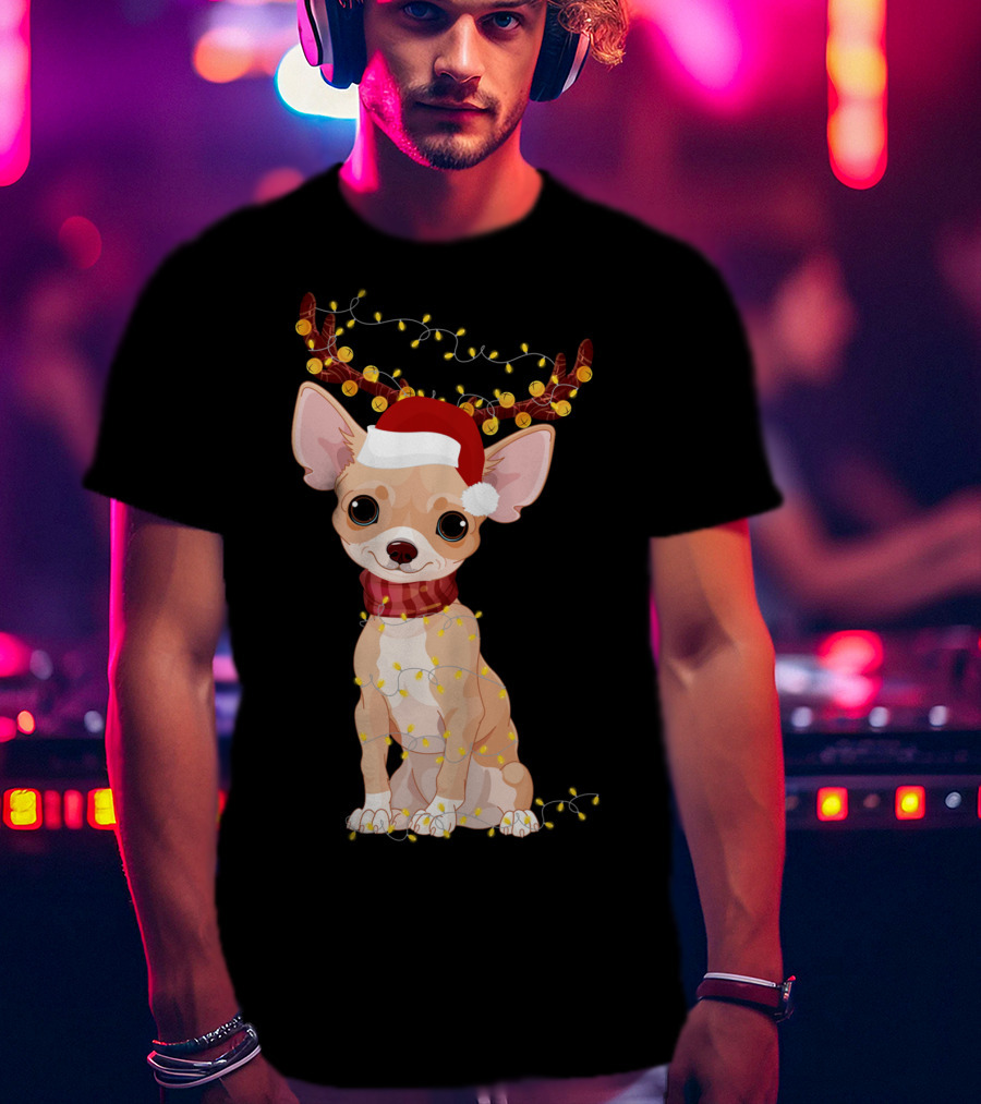 Chihuahua With Santa Hat Reindeer Antlers Christmas Lights Noel T-Shirt